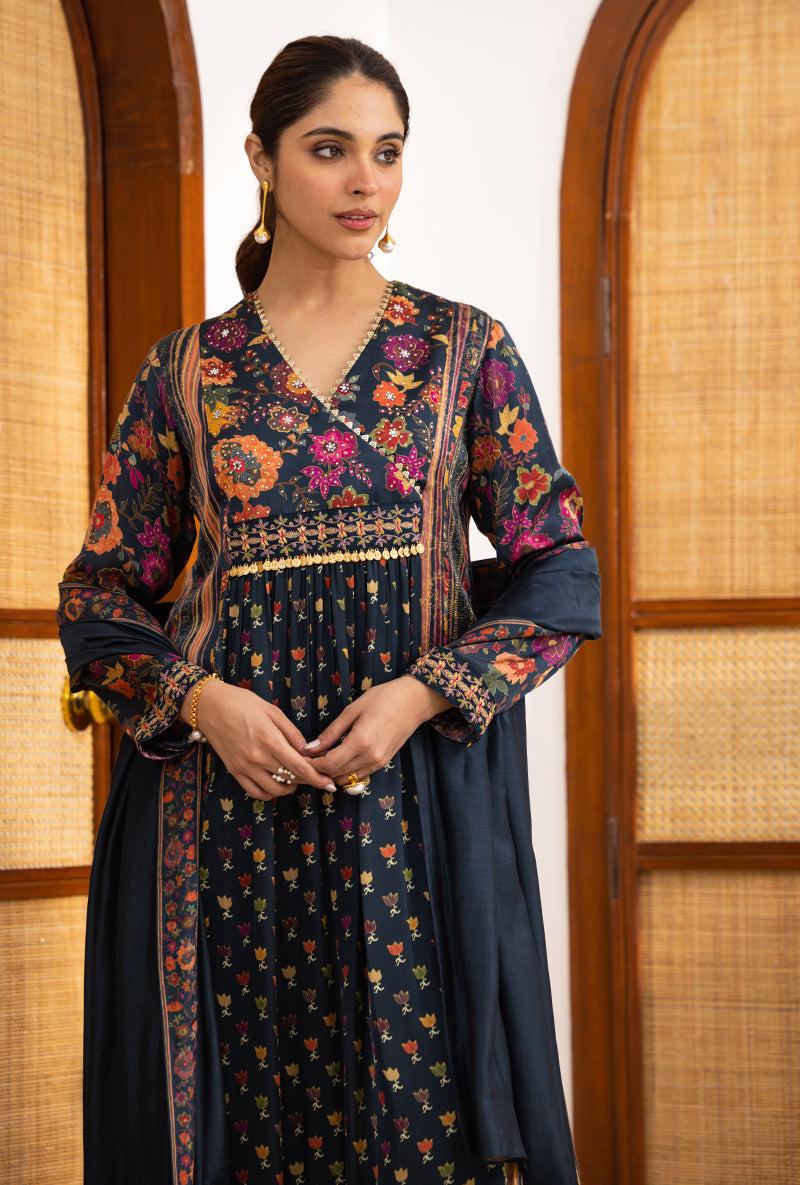 Blue Printed Overlap Yoke Naina Kurta Set