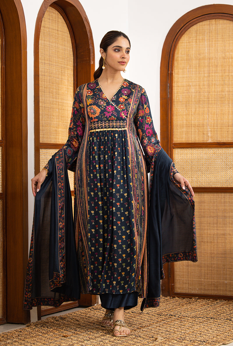 Blue Printed Overlap Yoke Naina Kurta Set