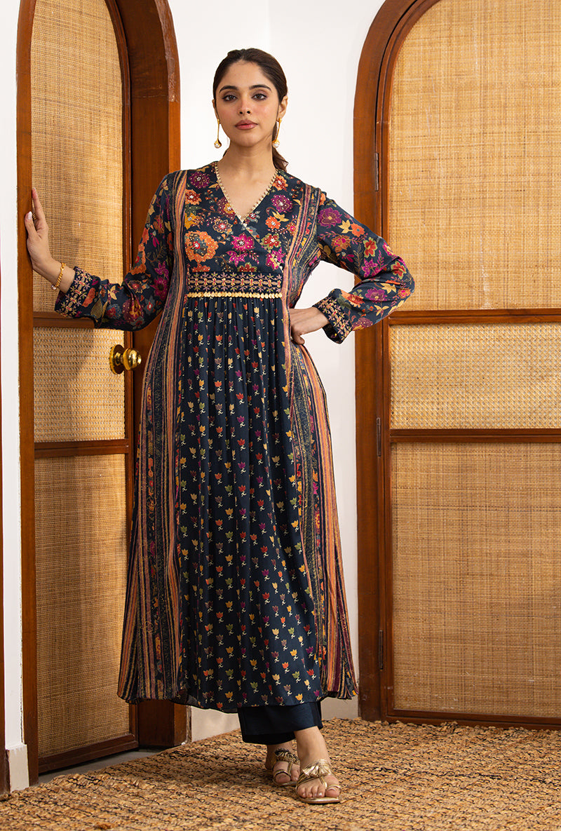 Blue Printed Overlap Yoke Naina Kurta Set