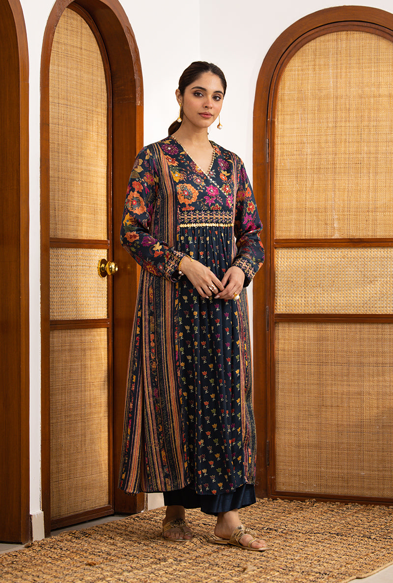 Blue Printed Overlap Yoke Naina Kurta Set