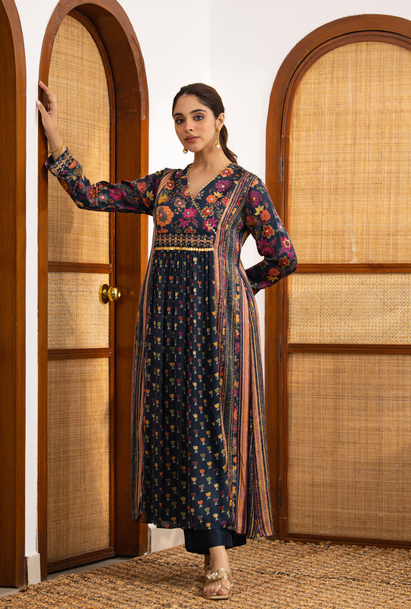 Blue Printed Overlap Yoke Naina Kurta Set