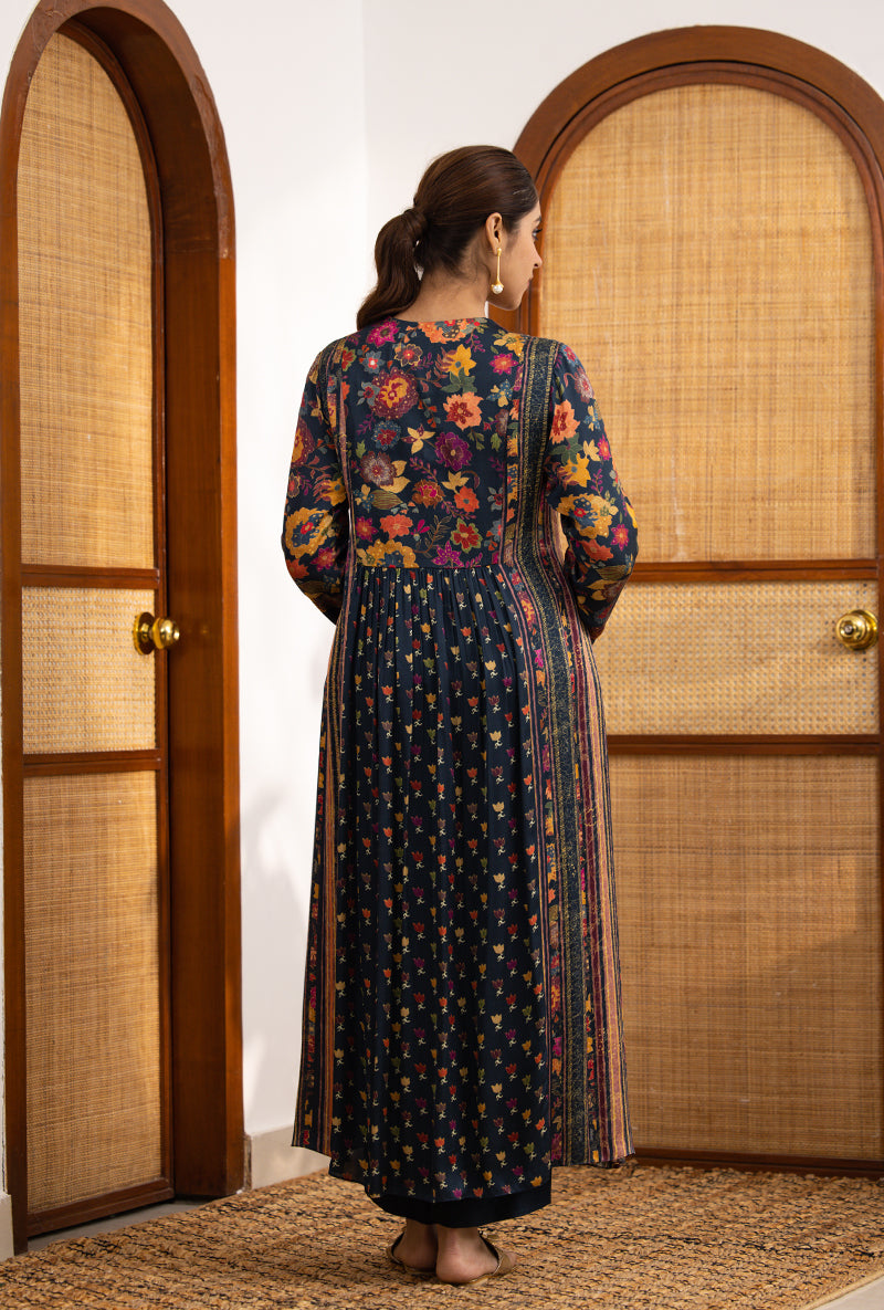 Blue Printed Overlap Yoke Naina Kurta Set