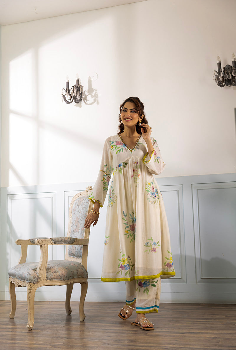 Ivory Printed Long Dahlia Kurta Set