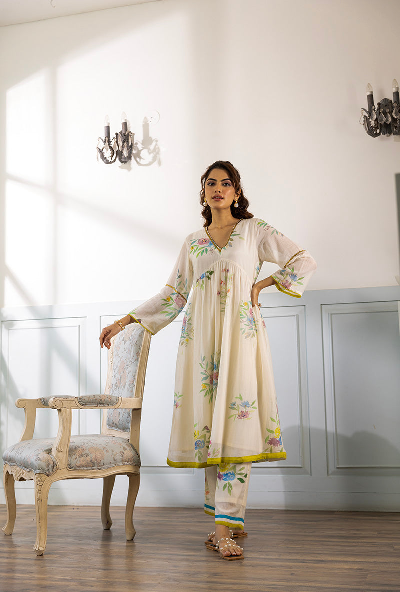 Ivory Printed Long Dahlia Kurta Set