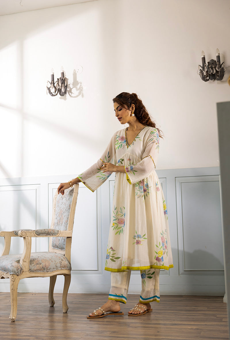 Ivory Printed Long Dahlia Kurta Set