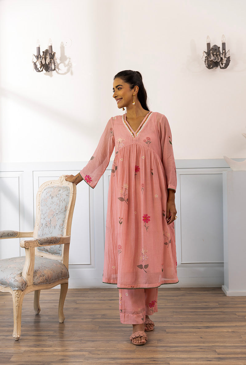 Wisteria Pink Printed Dahlia Kurta Set