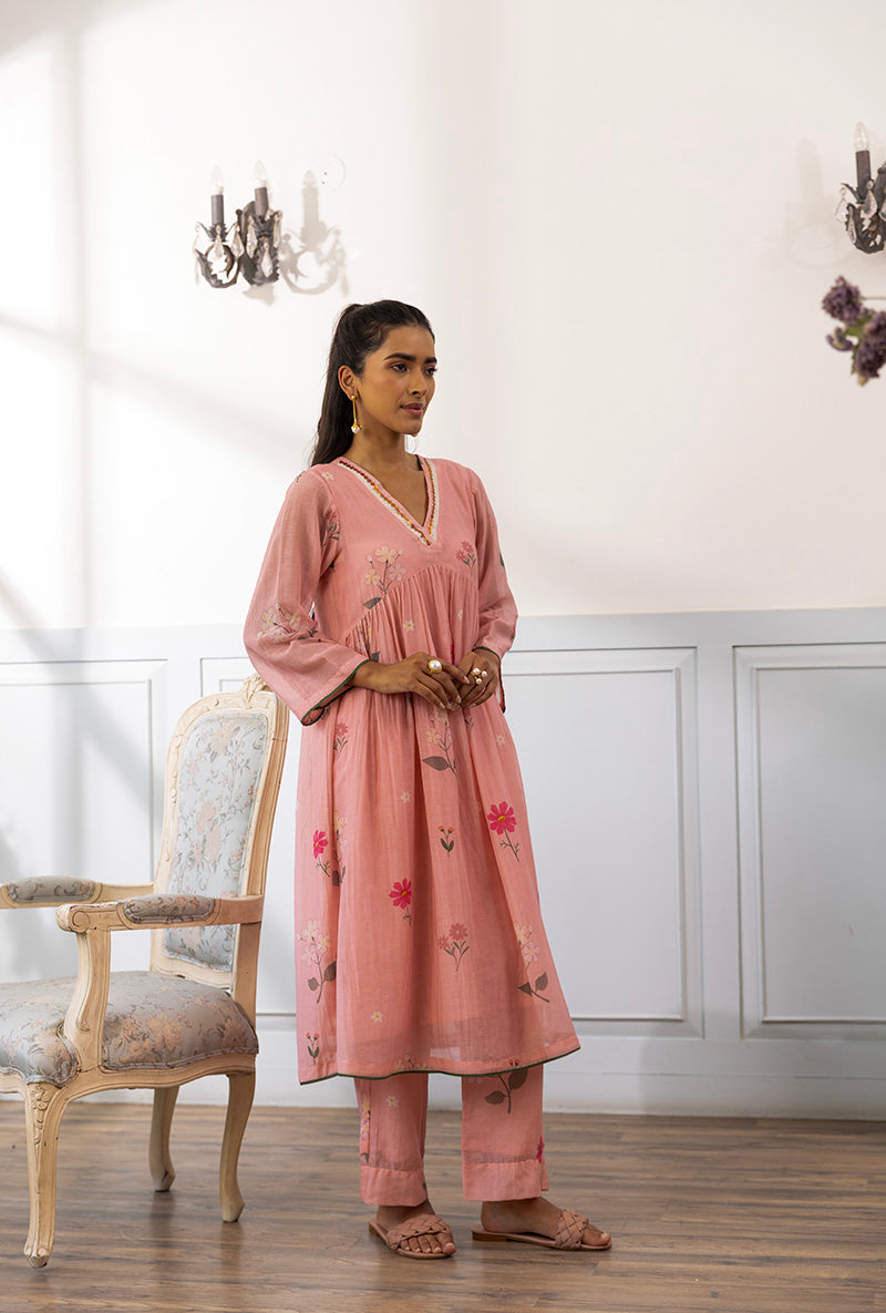 Wisteria Pink Printed Dahlia Kurta Set