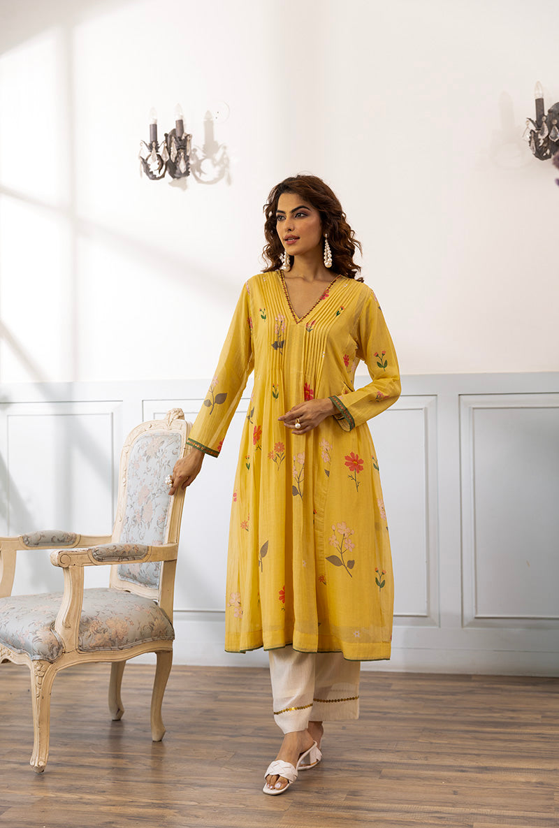 Lemon Yellow Pleated Dahlia Kurta Set