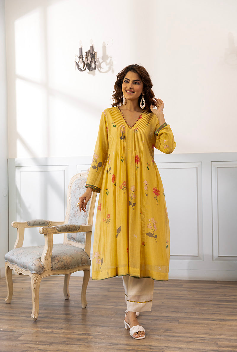 Lemon Yellow Pleated Dahlia Kurta Set