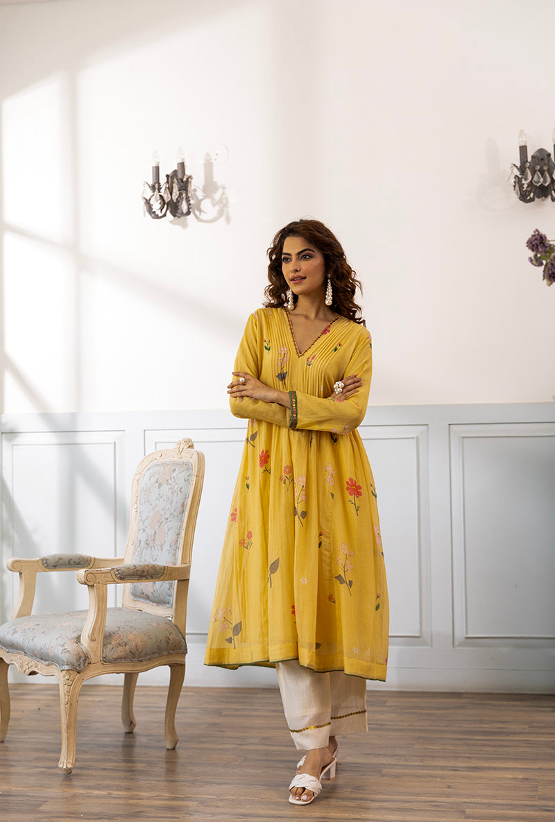 Lemon Yellow Pleated Dahlia Kurta Set