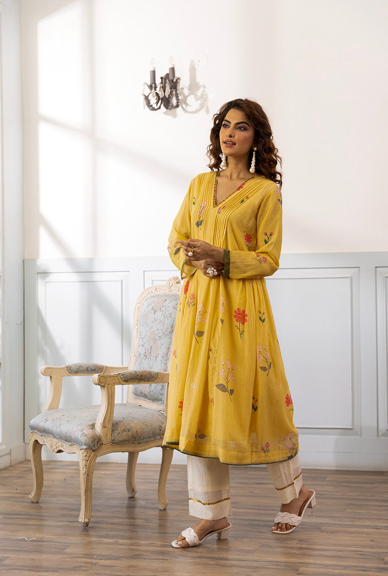 Lemon Yellow Pleated Dahlia Kurta Set