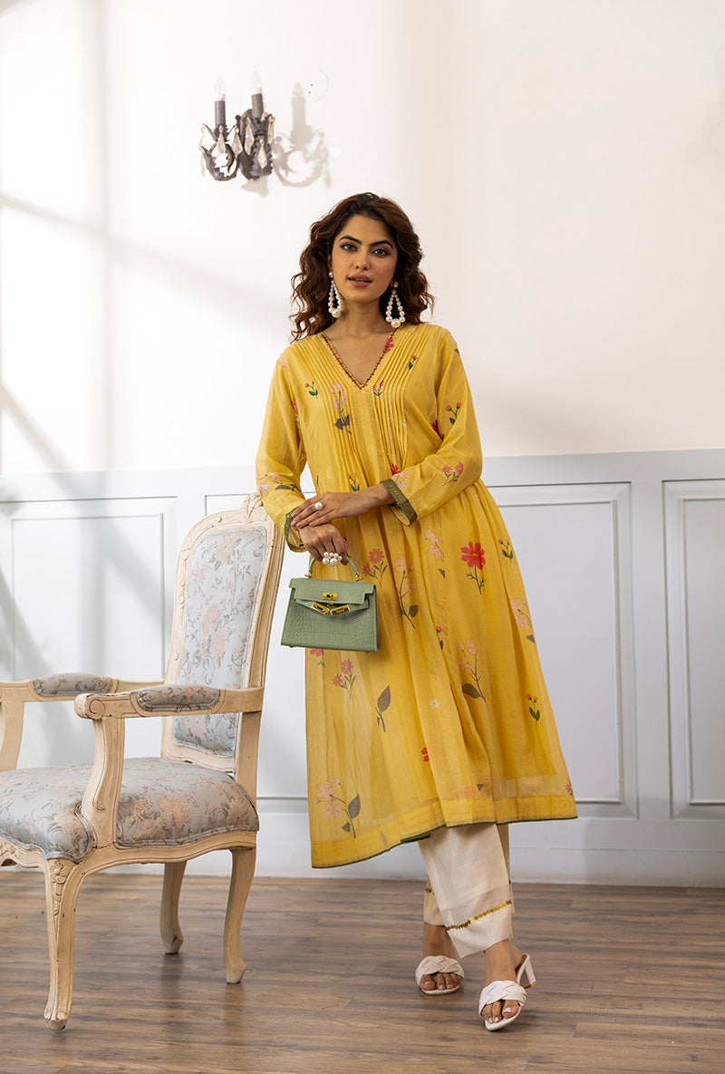 Lemon Yellow Pleated Dahlia Kurta Set