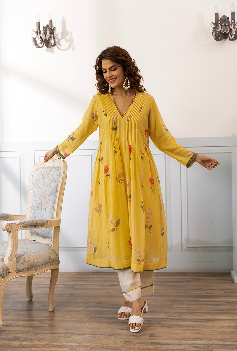 Lemon Yellow Pleated Dahlia Kurta Set