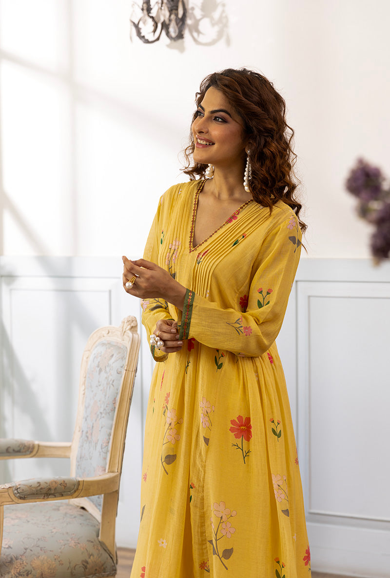 Lemon Yellow Pleated Dahlia Kurta Set