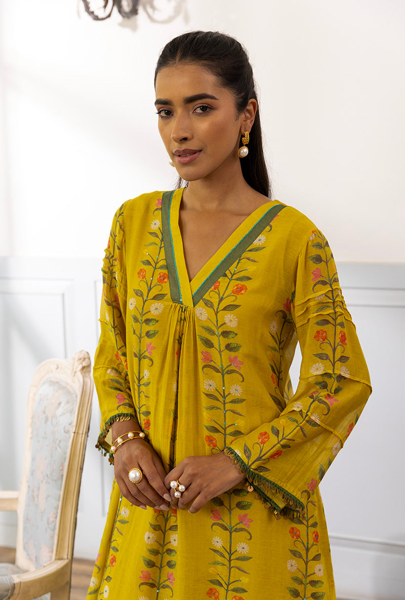 Mustard Flower Printed Dahlia Kurta Set