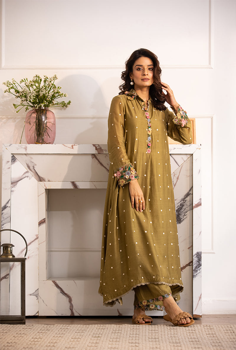 Olive Green Orchid Collar Sahiba Kurta Set