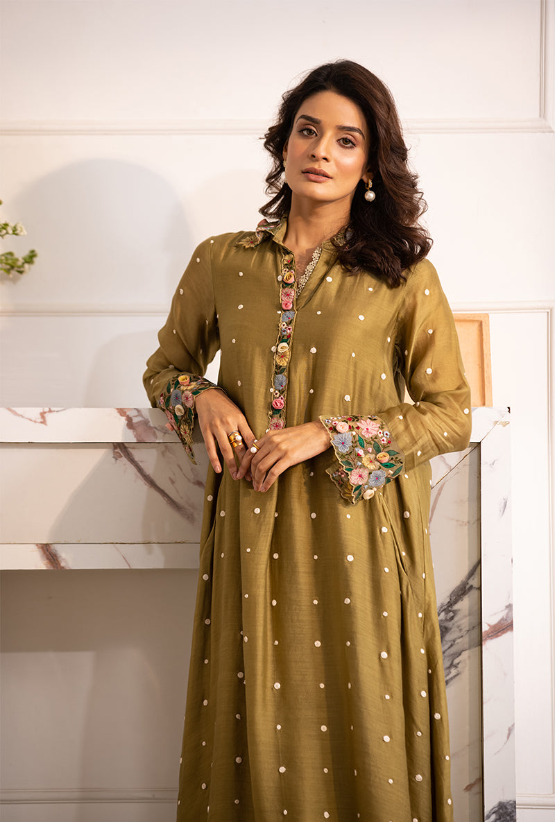 Olive Green Orchid Collar Sahiba Kurta Set