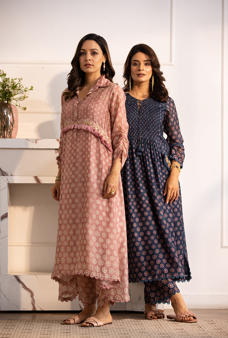 Pink Collar Cascade Navya Kurta Set