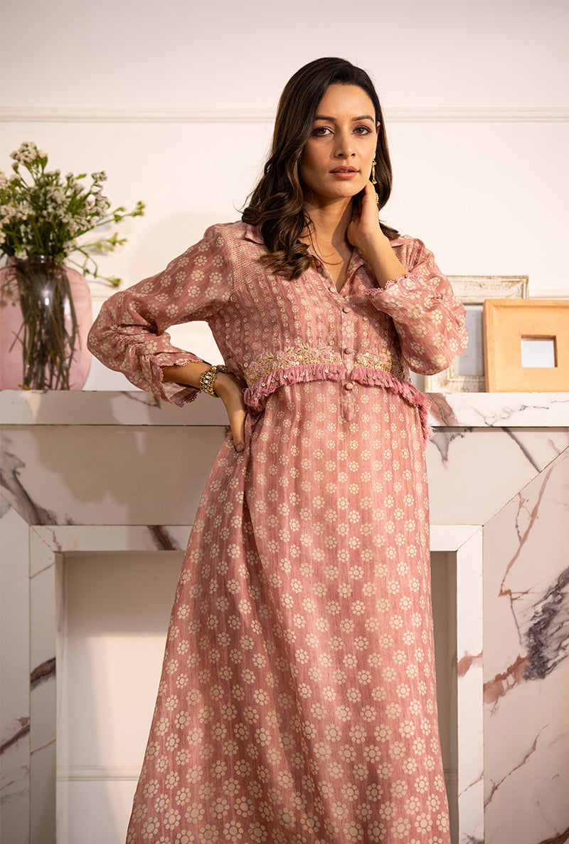 Pink Collar Cascade Navya Kurta Set