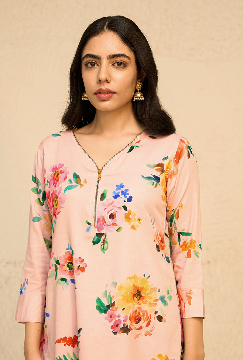 Pink Floral Print Bliss Short Kurta Set