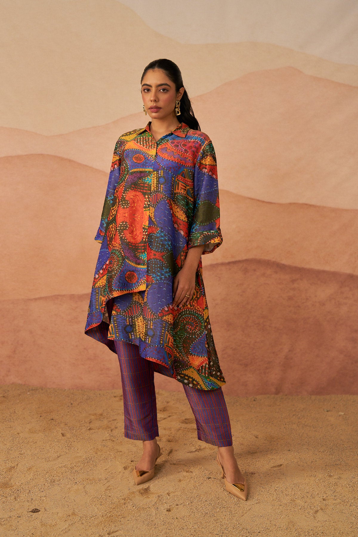 Multi Colour Mussel Print Tissue Asymmetric Zooni Co-Ord Set