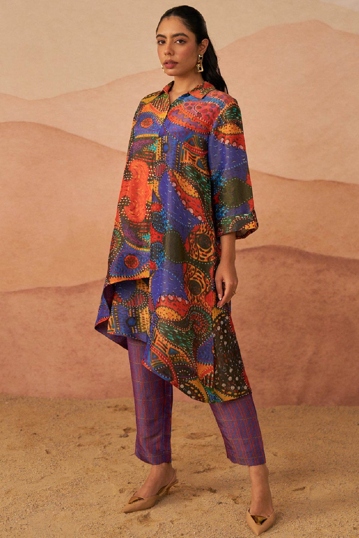 Multi Colour Mussel Print Tissue Asymmetric Zooni Co-Ord Set