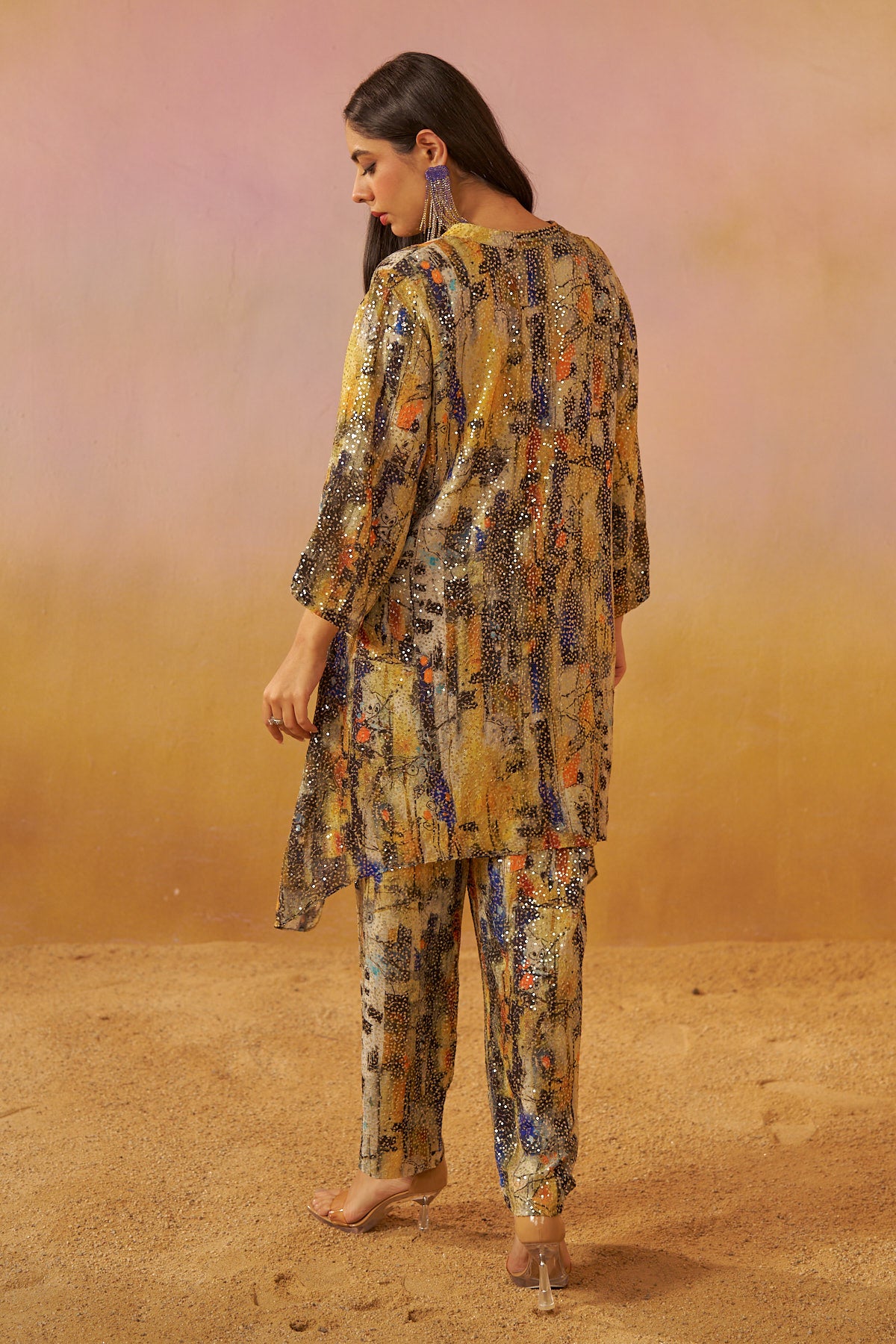 Off White Abstract Print Sequins Zooni Co-Ord Set