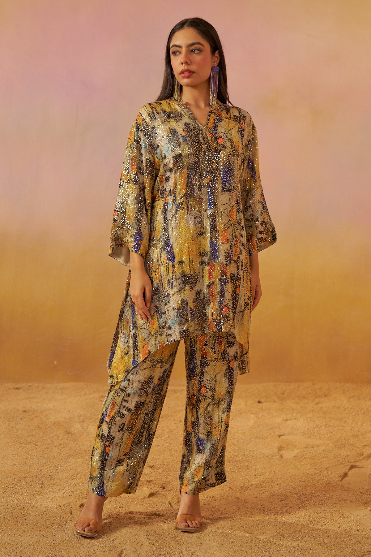 Off White Abstract Print Sequins Zooni Co-Ord Set