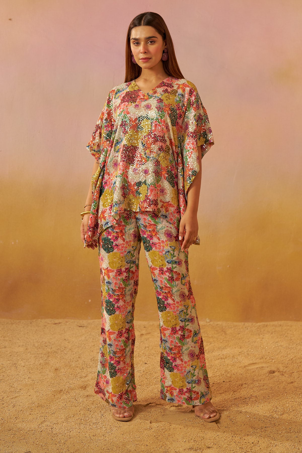 Off White Multi Floral Print Short Zooni Kaftan Set