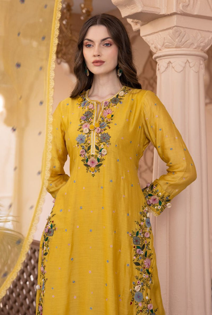 Yellow Orchid Heavy Long Sahiba Kurta Set