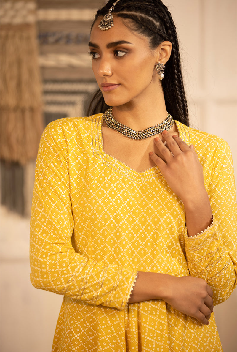 Yellow Faux Georgette with Bandhej Degital Print Nayra Cut Kurti -  PrazuFashion - 4189632