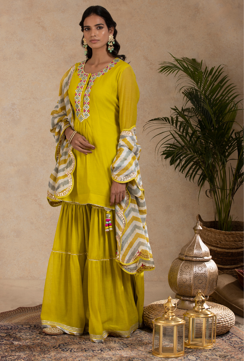 Lime Green Mirror & Leheriya Gharara Set