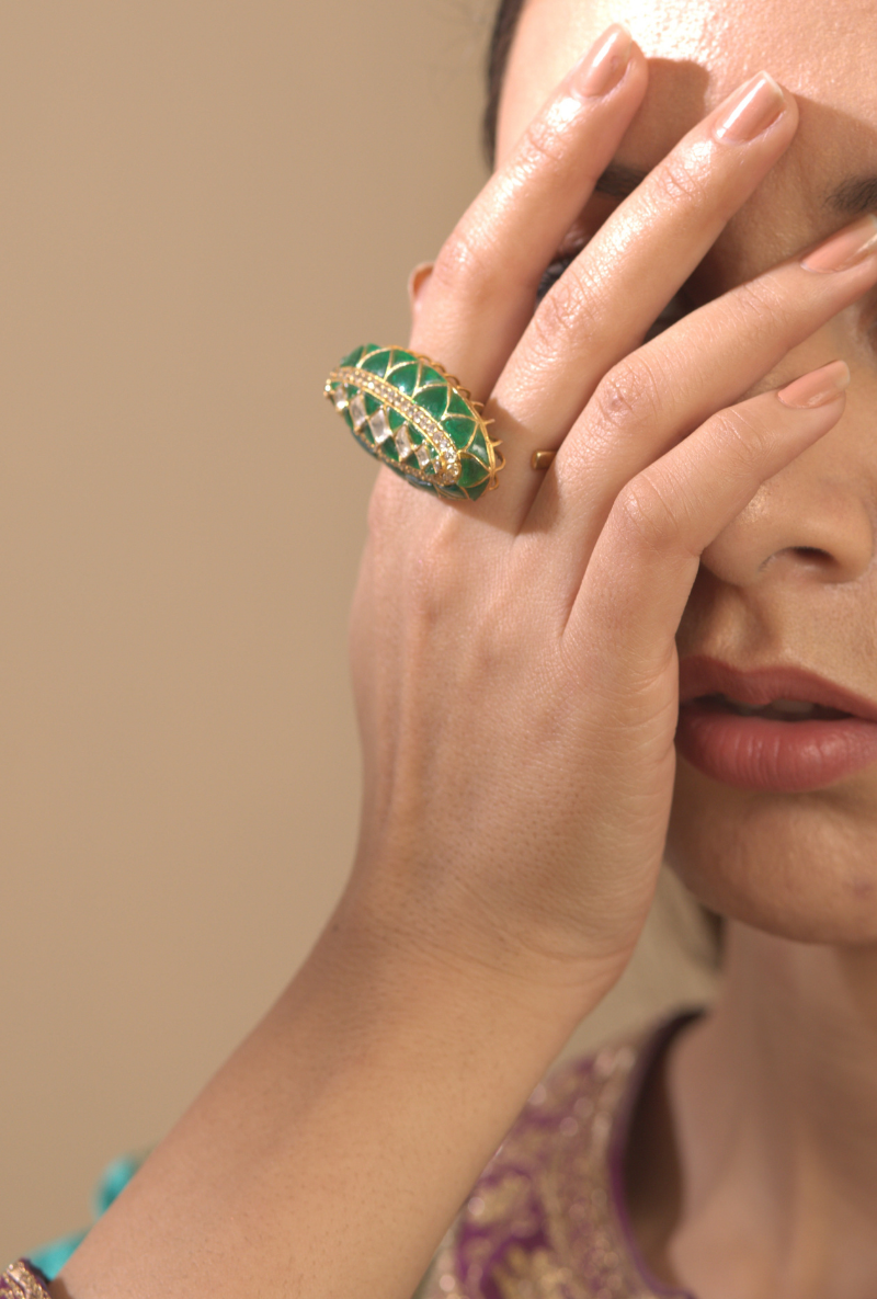 Gold Plated Silver Two Finger Ring With Green Stones & Polki