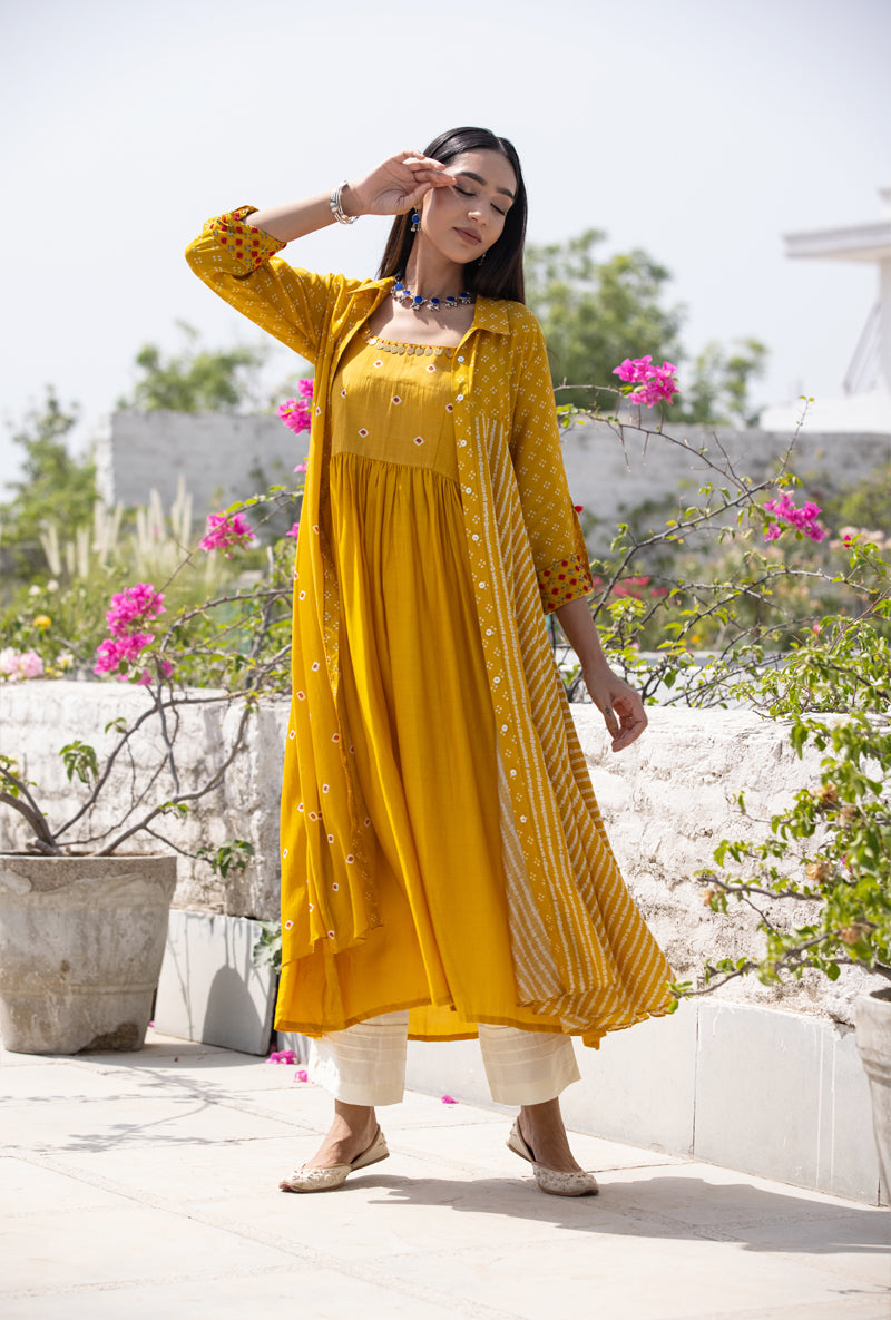 Green Cotton Printed Kurti with Fancy Yellow Jacket | Bhadar