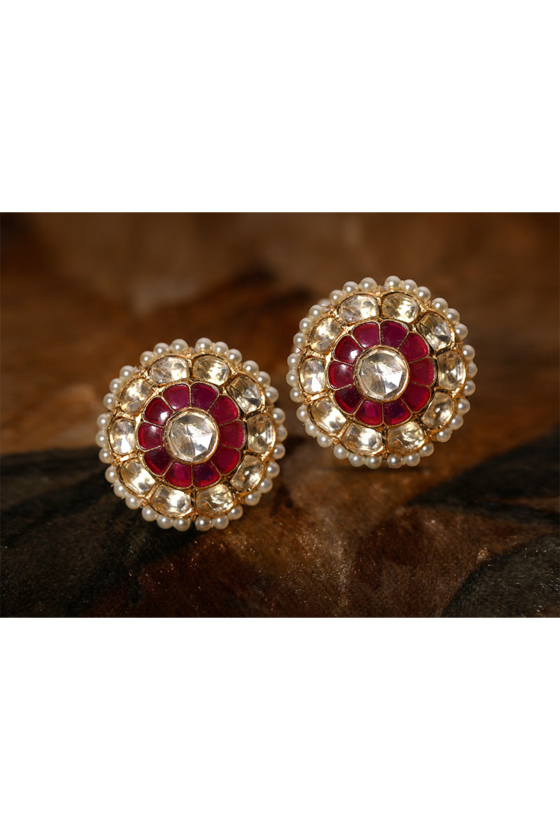 Gold Plated Silver Round Ear Studs With Polki & Red Stones & Pearl Border