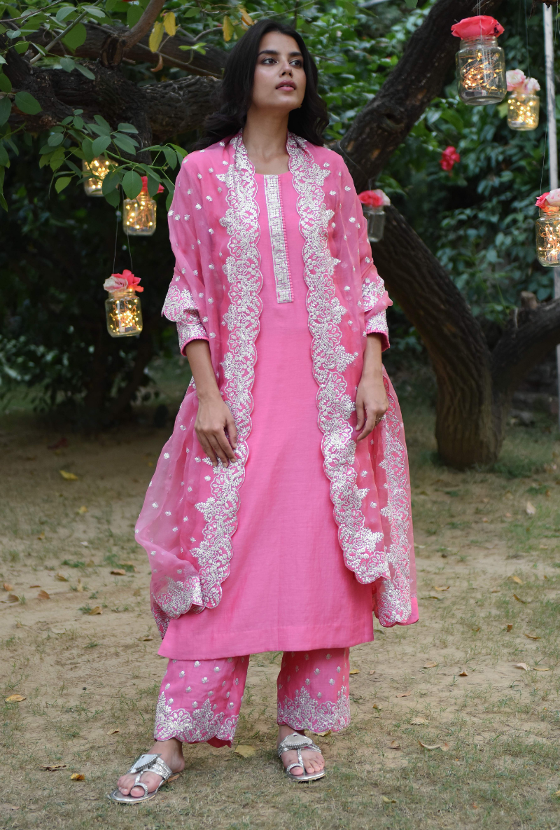 Pink Scallop Pitten Kurta Set